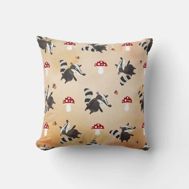 Autumn Colourful Fall Woodland Funny Comic Badger Throw Pillow (Front)