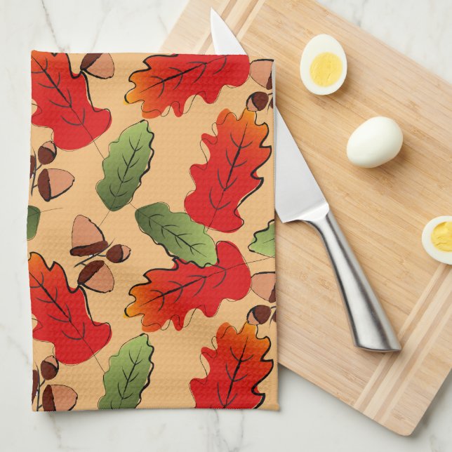 Autumn Colours Leaves Pattern Kitchen Towel (Quarter Fold)