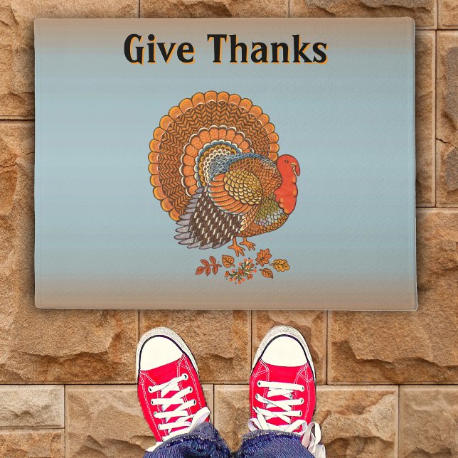 Autumn Colours Male Turkey in Leaves Give Thanks Doormat (Male Turkey Autumn coloured feathers in leaves on Thanksgiving Give Thanks door welcome mat.)