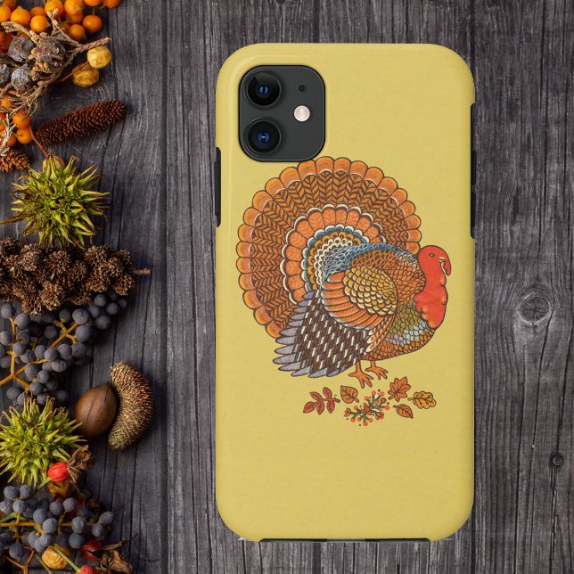 Autumn Colours Turkey Leaves Case-Mate iPhone Case (Colourful male turkey in leaves with fanned tail on golden yellow phone case.)