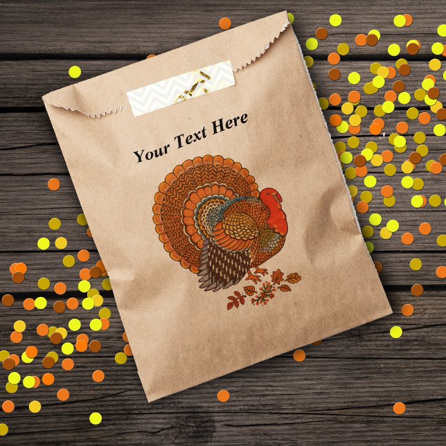 Autumn Colours Turkey Leaves Thanksgiving Favour Bag (Thanksgiving goody or favor bags in brown with male turkey Autumn coloured feathers leaves.)