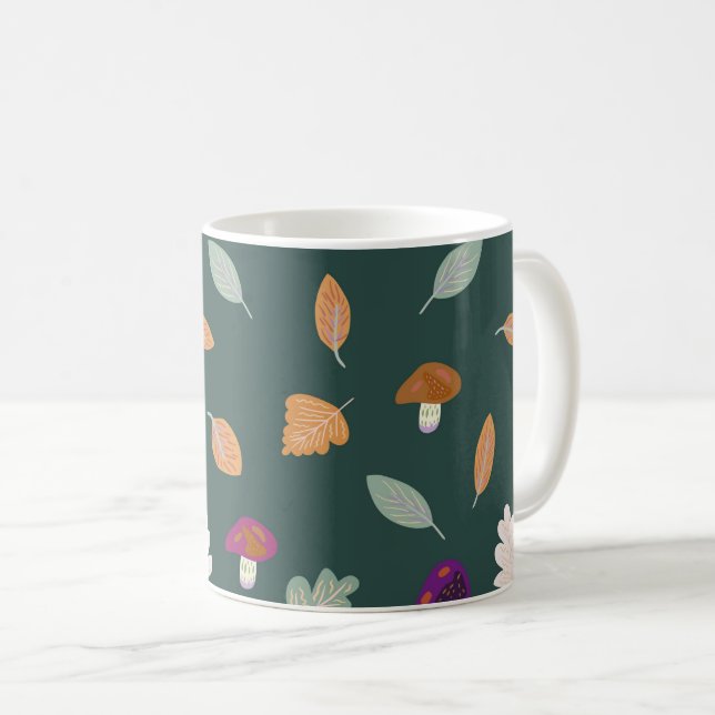 Autumn Colours with Leaves and Mushrooms Pattern Coffee Mug (Front Right)