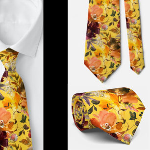 Autumn Colours Yellow Peach Roses Floral Neck Tie