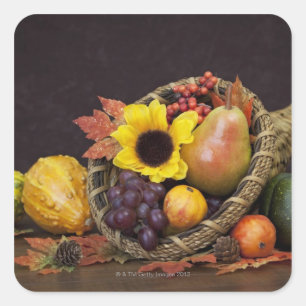 Autumn cornucopia with grapes, pear and gourds square sticker