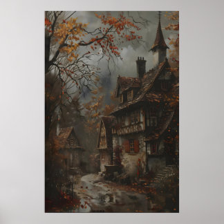 Autumn Cottage Art Print, Rustic Fall Wall Art