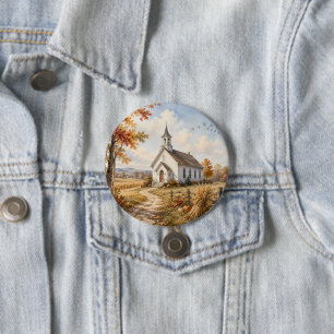 Autumn Country Church Watercolor Landscape 3 Inch Round Button