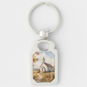 Autumn Country Church Watercolor Landscape Keychain