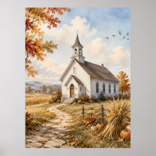 Autumn Country Church Watercolor Landscape Poster