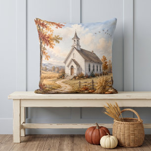 Autumn Country Church Watercolor Landscape Throw Pillow