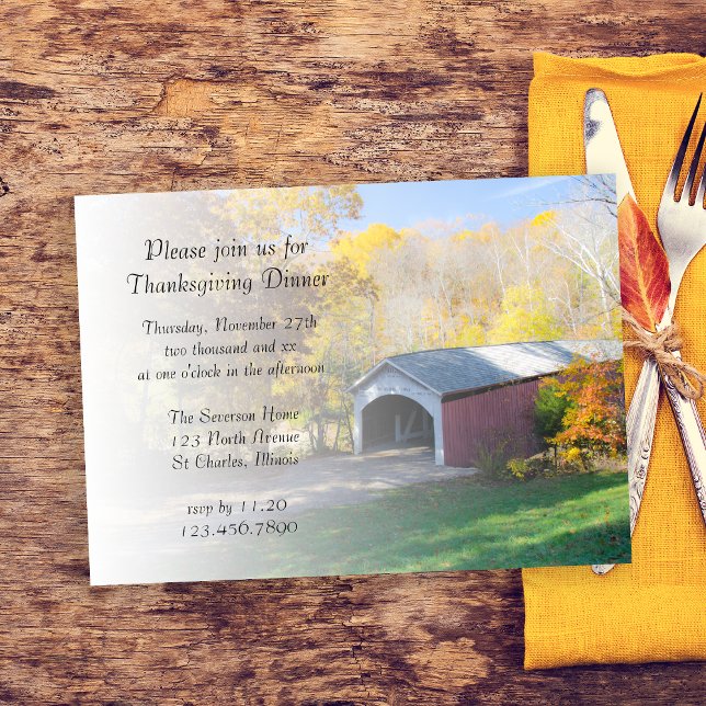 Autumn Covered Bridge Thanksgiving Dinner Invitation (Invite guests and be grateful with this charming and rustic Thanksgiving Dinner Invitation.)