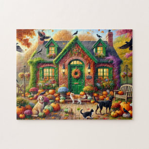 Autumn Cozy Cottage Cats Dogs Pumpkins   Jigsaw Puzzle