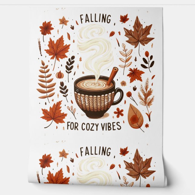 Autumn Cozy Fall Leaves & Pumpkin Spice Pattern Wallpaper (Unrolling)