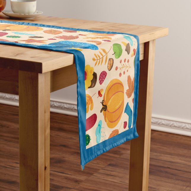 Autumn Cozy Fall Pattern Pumpkins Leaves Blue Short Table Runner (In Situ)