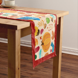 Autumn Cozy Fall Pattern Red Border Pumpkins Leaf Short Table Runner