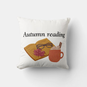 Autumn Cozy Vibes – Hot Cocoa, Book & Fall Leaves  Throw Pillow