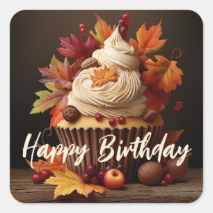 Autumn Cupcake with Colourful Fall Leaves Birthday Square Sticker