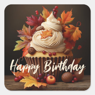 Autumn Cupcake with Colourful Fall Leaves Birthday Square Sticker