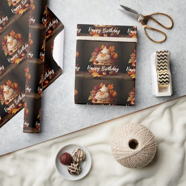 Autumn Cupcake with Colourful Fall Leaves Birthday Wrapping Paper (Crafts)