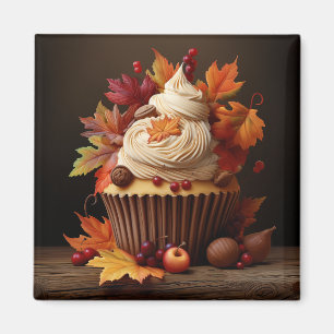 Autumn Cupcake with Colourful Fall Leaves  Magnet