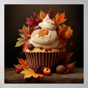 Autumn Cupcake with Colourful Fall Leaves  Poster