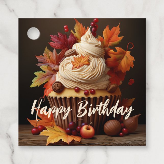 Autumn Cupcake with Fall Leaves Birthday Gift Tag (Front)