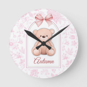 Autumn Custom Pink Teddy Bear Nursery Design Round Clock