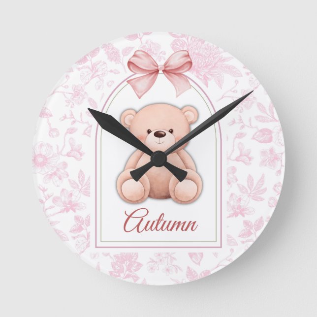 Autumn | Custom Pink Teddy Bear Nursery Design  Round Clock (Front)