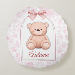 Autumn Custom Pink Teddy Bear Nursery Design Round Pillow