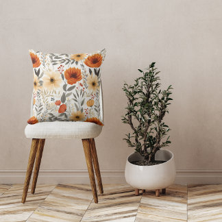 Autumn Cute Orange Floral Pattern White Throw Pillow