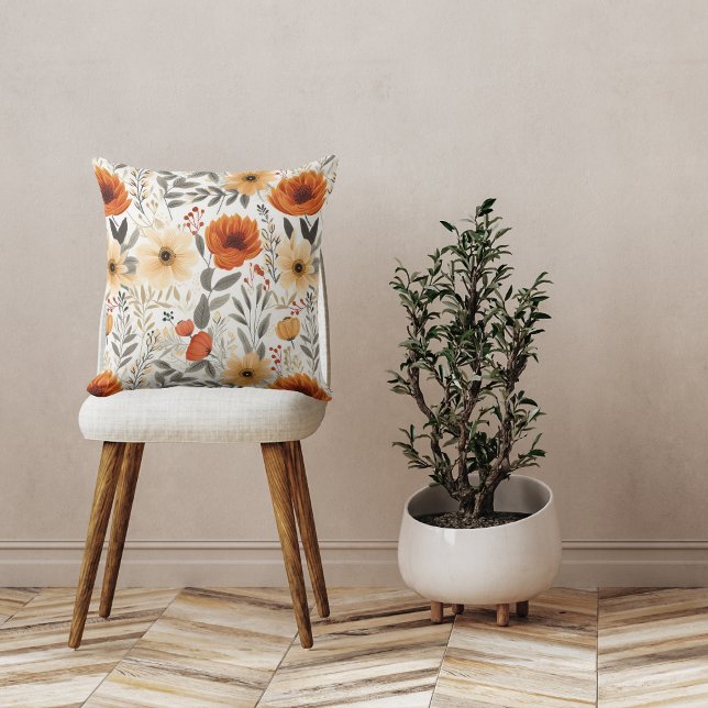 Autumn Cute Orange Floral Pattern White Throw Pillow (Creator Uploaded)