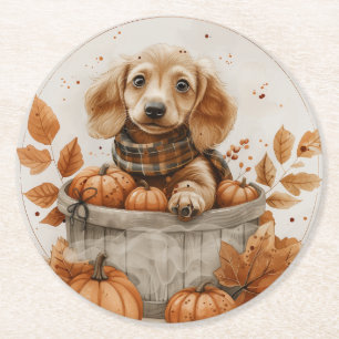 Autumn Dachshund Dogs Pumpkin Round Paper Coaster