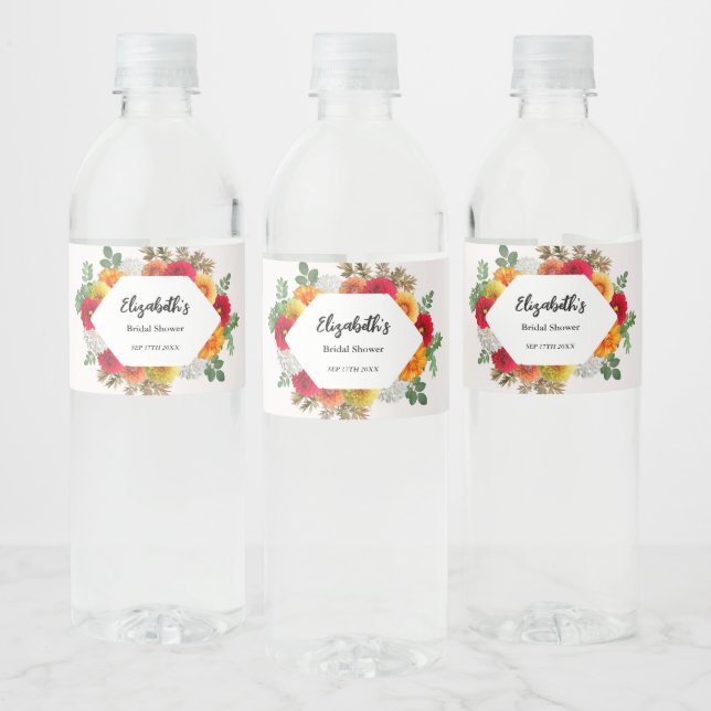 Autumn Dahlia Floral Fall Bridal Shower Water Bottle Label (Bottles)