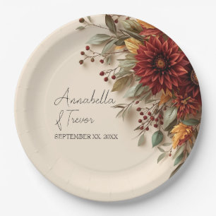 Autumn Dahlia Floral Rust & Burgundy Fall Flowers Paper Plate