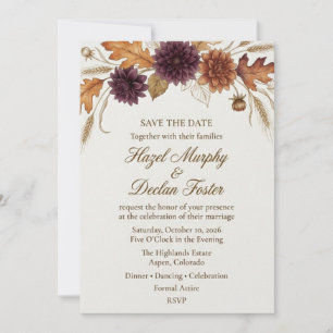Autumn Dahlia, Oak Leaf, and Wheat Watercolor Invitation