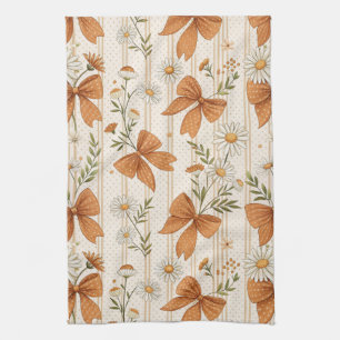 Autumn Daisy and Bow Floral Pattern Kitchen Towel