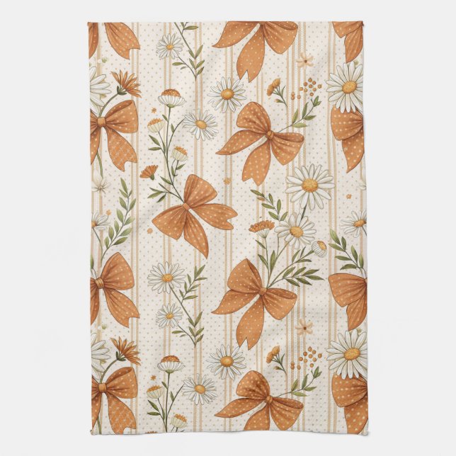 Autumn Daisy and Bow Floral Pattern Kitchen Towel (Vertical)