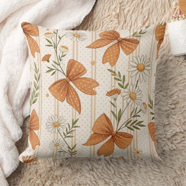 Autumn Daisy and Bow Floral Pattern Throw Pillow (Blanket)