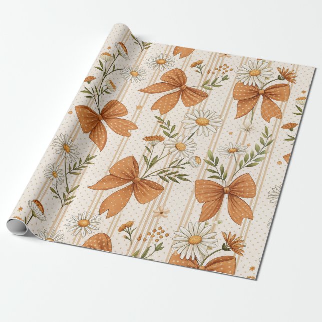 Autumn Daisy and Bow Floral Pattern Wrapping Paper (Unrolled)