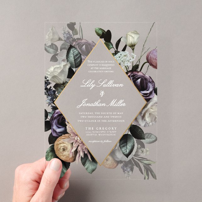 Autumn Dark Moody Floral Frame Purple Wedding Acrylic Invitations (Insitu (Handheld))