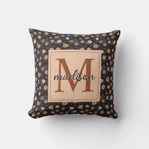 Autumn Dark Moody Terracotta Floral Monogram Name Throw Pillow
