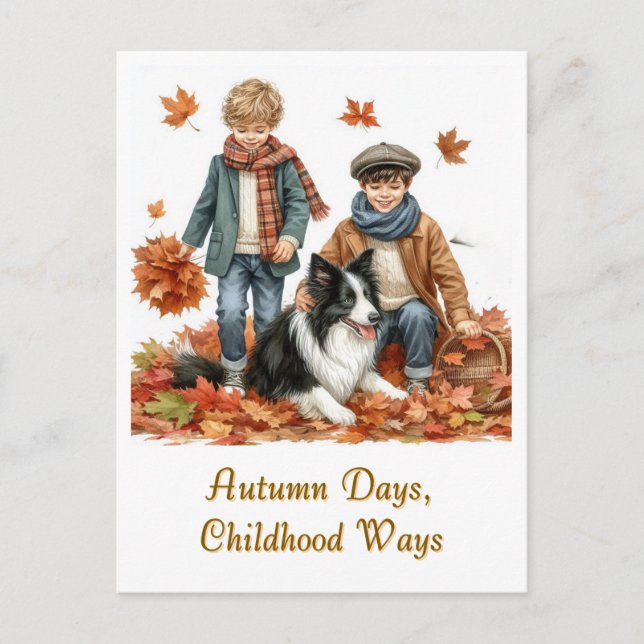 Autumn Days Kids and Border Collie  Postcard (Front)