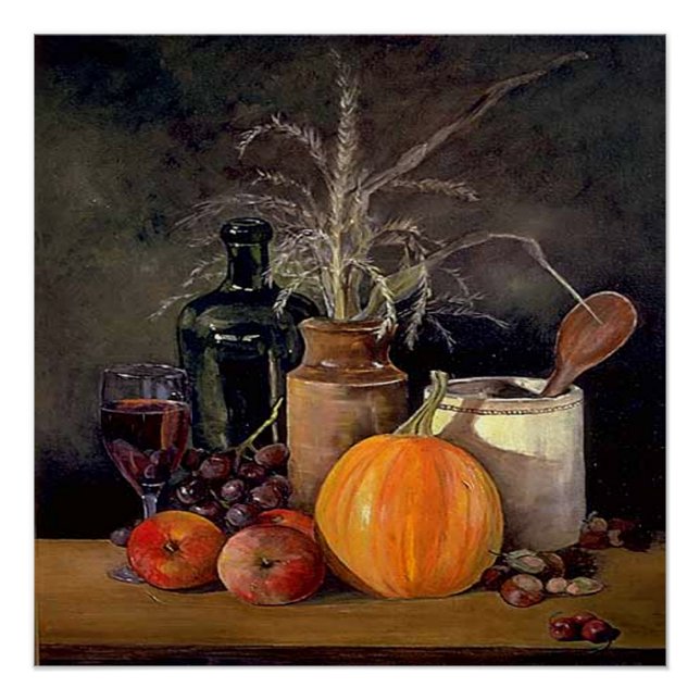 Autumn Decorations on Table, Pumpkin, Fruit, Drink (Front)