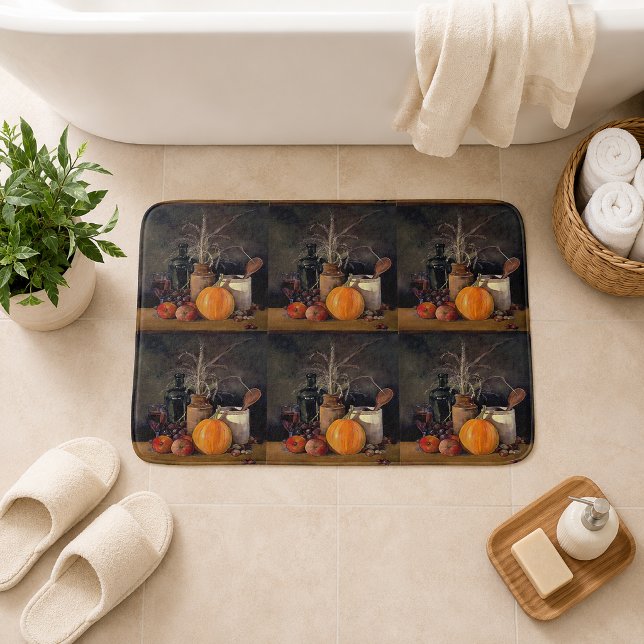 Autumn Decorations on Table, Pumpkin, Fruit, Drink Bath Mat (Autumn Decorations on Table, Pumpkin, Fruit, Drink Bath Mat)