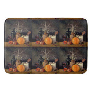 Autumn Decorations on Table, Pumpkin, Fruit, Drink Bath Mat