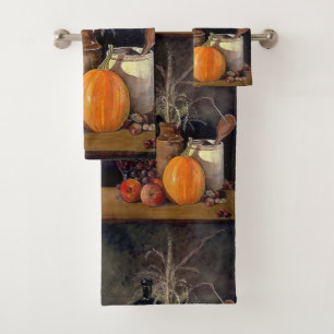 Autumn Decorations on Table, Pumpkin, Fruit, Drink Bath Towel Set