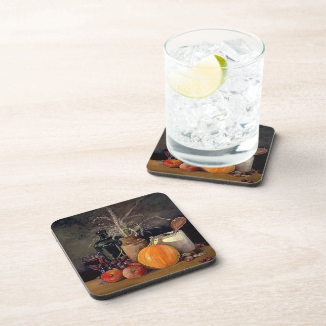 Autumn Decorations on Table, Pumpkin, Fruit, Drink Coaster (Right Side)