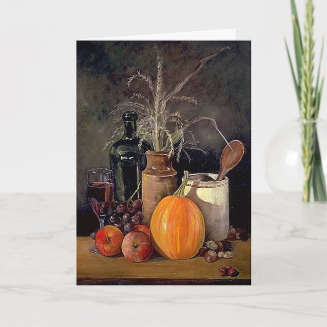 Autumn Decorations on Table, Pumpkin, Fruit, Drink Holiday Card (Front)