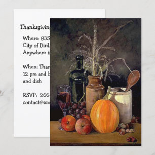 Autumn Decorations on Table, Pumpkin, Fruit, Drink Invitation