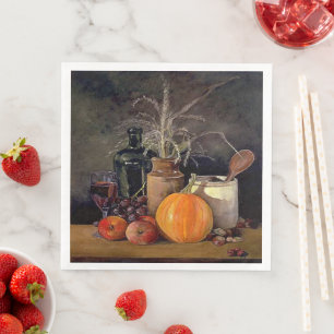 Autumn Decorations on Table, Pumpkin, Fruit, Drink Napkin