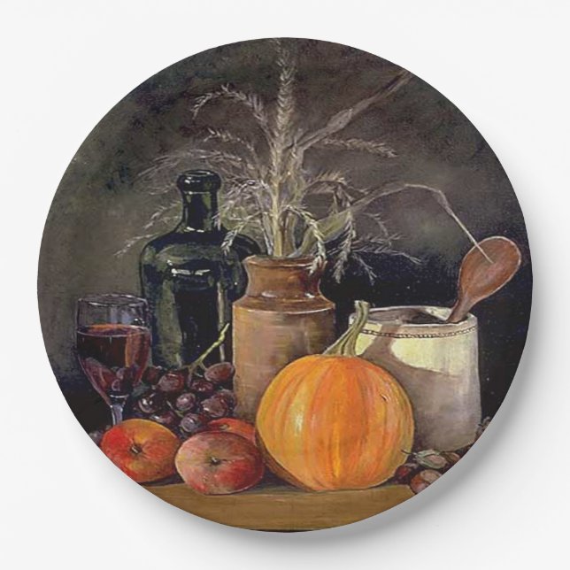 Autumn Decorations on Table, Pumpkin, Fruit, Drink Paper Plate (Front)